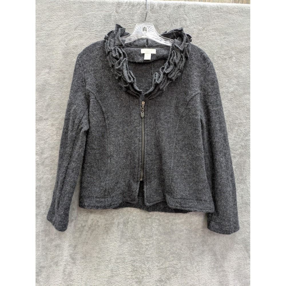 Tweeds Jacket Womens PL Gray Boiled Wool Ruffle Collar Full Zip Knit Short
